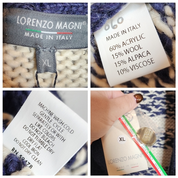 NWT Lorenzo Magni Italy Wool Alpaca Blend Chunky Knit Cardigan Deer Snowflake XL - Picture 3 of 16